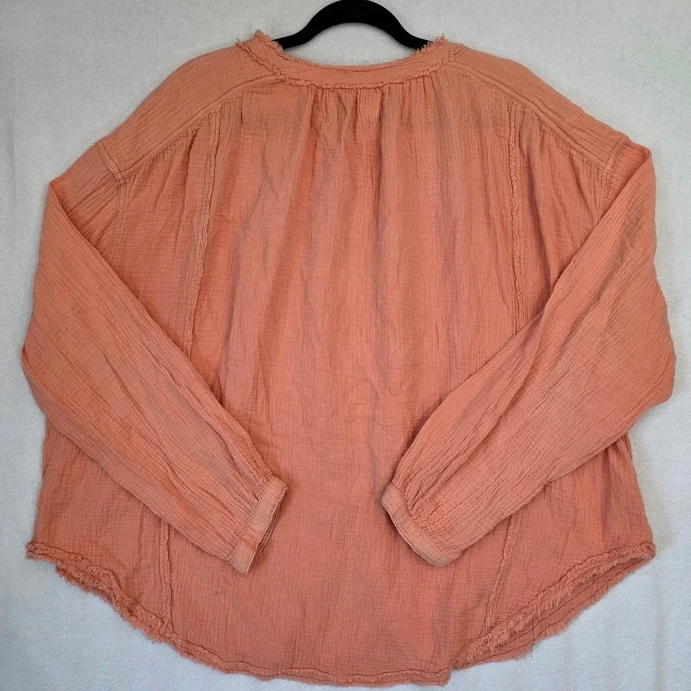 Free People We The Free Gauze Blouse L Peach Cotton Raw Hem Boho Oversized Top
